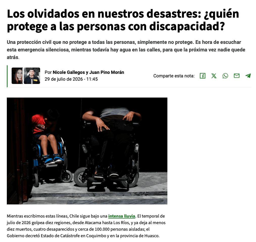 Imagen de la actividad: Columna de investigador Juan Pino en El Desconcierto aborda la falta de políticas inclusivas frente a desastres naturales.